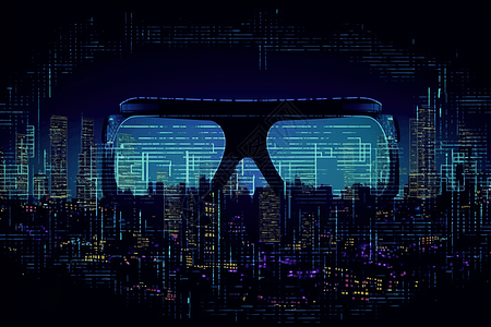 二进制代码城市上的虚拟现实眼镜图片
