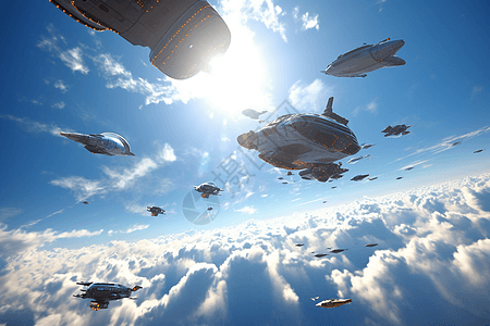 一组飞船编队在天空中创造了美丽而令人敬畏的奇观高清图片