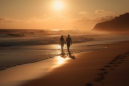 在海边散步的情侣图片