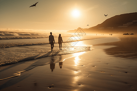 漫步海边的情侣图片