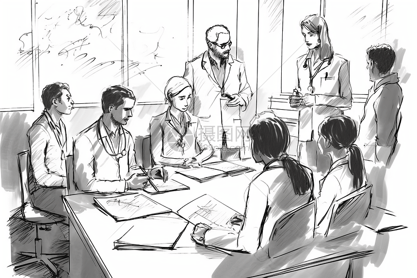 一群医学生在教室里相互探讨的铅笔画素描图片