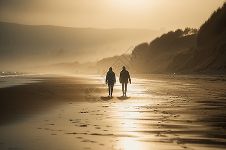 恋人在清晨在海滩上散步背景图片