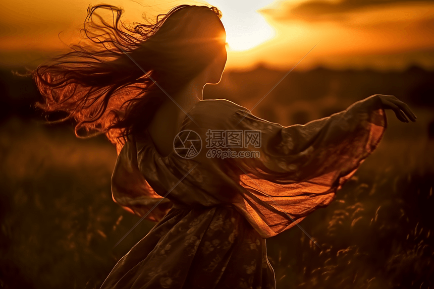 夕阳下自由跳舞的女人图片