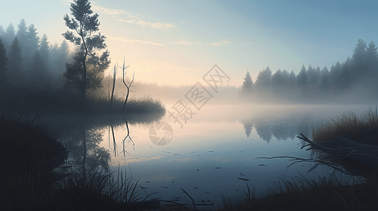 晨雾笼罩着宁静的湖泊图片
