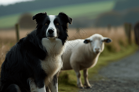 边境牧羊犬在乡村牧羊高清图片