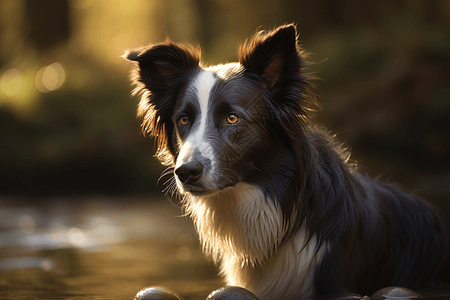 狗的高清素材主题: 边境牧羊犬。观点: 玩取球。背景: 绿树成荫的河岸。风格: 逼真。照明: 柔和宁静。，高清背景