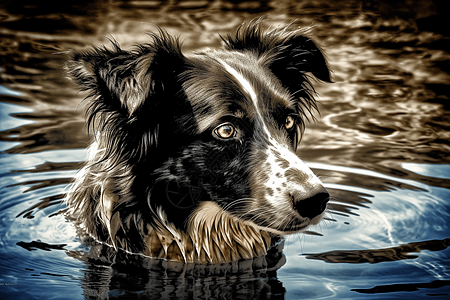 边境牧羊犬在河里游泳图片