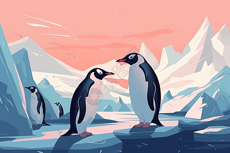 南极可爱的企鹅和雪山背景图片