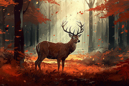 秋天空鹿在森林空地上插画