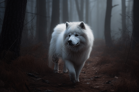 林中漫步的萨摩耶犬图片
