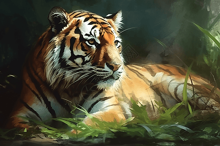 老虎躺在草地上的特写视图图片