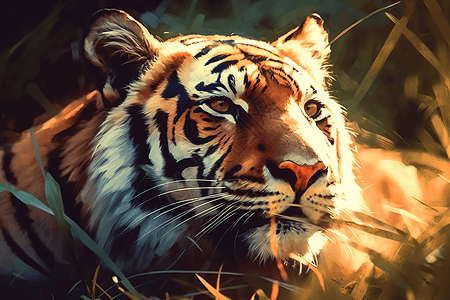 老虎躺在草地上图片