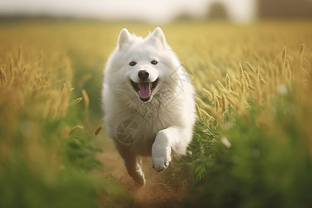 奔跑在田野上的萨摩耶犬图片