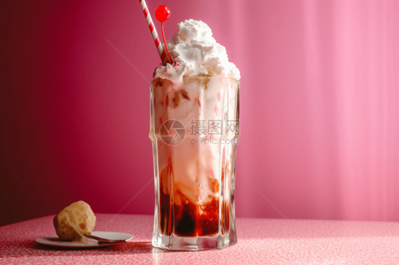 冰淇淋浮子: 装满苏打水和一勺香草冰淇淋的高杯。浮子放在一块亮粉色的上，上面放着五颜六色的吸管。图片