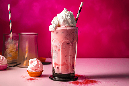 冰淇淋浮子: 装满苏打水和一勺香草冰淇淋的高杯。浮子放在一块亮粉色的桌布上，上面放着五颜六色的吸管。图片