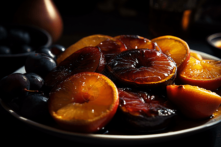 焦糖水果: 放在盘子上的烤或焦糖水果的特写视图。水果从热量和酱汁中闪闪发光，深色阴影增加了深度。图片