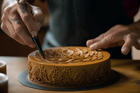 一位在蛋糕表面雕刻图片
