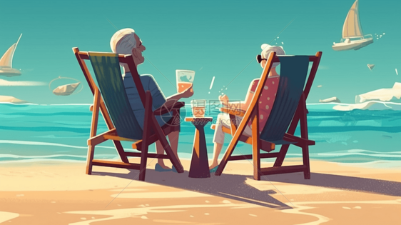 夫妇坐在沙滩椅上平面插图图片