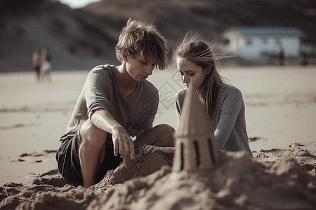 情侣在海滩上建造沙堡场景图片