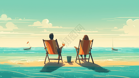 夫妇坐在沙滩椅上聊天图片