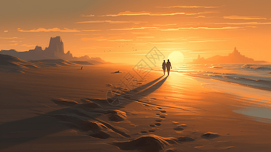 夫妇漫步在沙滩插图图片