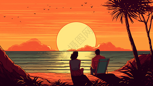 夫妇坐在沙滩上聊天场景图片