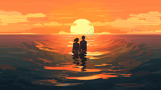情侣在海中接吻场景插图图片