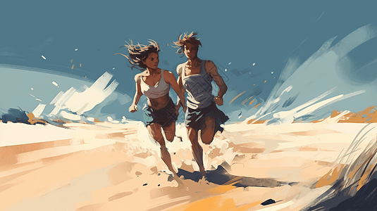 情侣沙滩奔跑场景插图背景图片