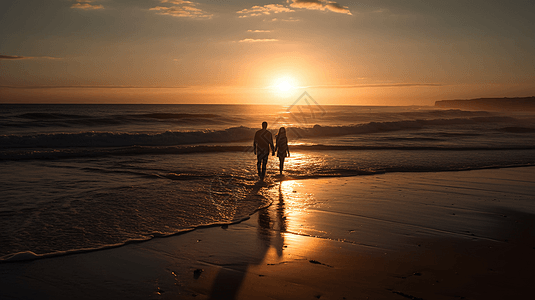 情侣手拉手在沙滩散步背景