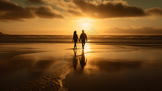 手拉手情侣情侣手拉手在沙滩散步背景