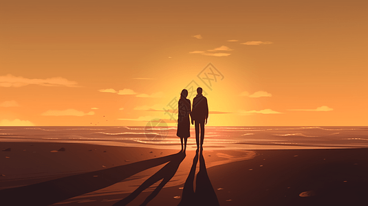 相爱的夫妇站在海滩上平面插图图片