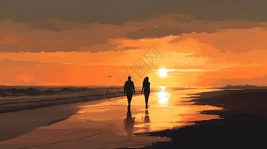浪漫日落时分沙滩插图图片