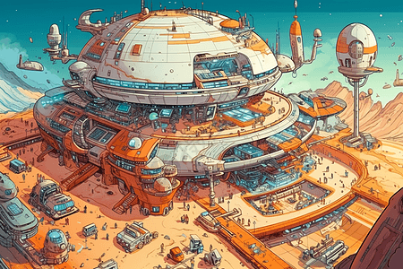 未来主义太空港卡通插画图片