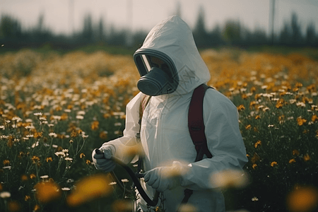 妇女用杀虫剂喷洒一朵花图片