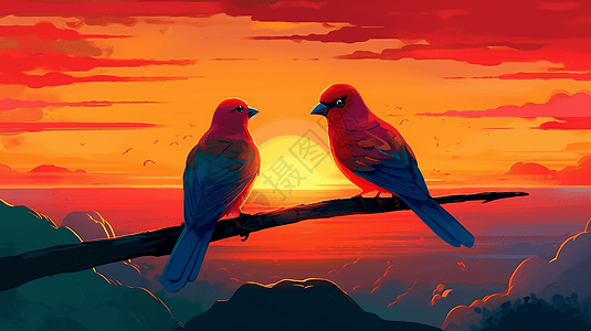 两只小鸟看风景平面插图图片