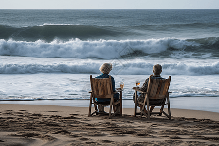情侣坐在沙滩椅上图片