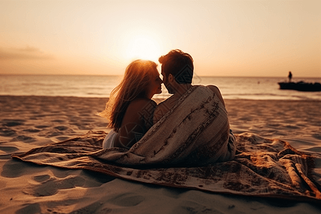 情侣沙滩欣赏日落高清图片
