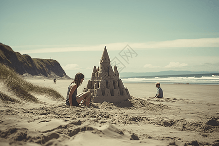 沙滩情侣情侣一起建造沙堡背景