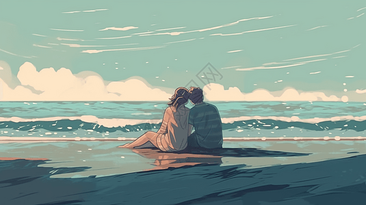 恋人坐在沙滩平面插图图片