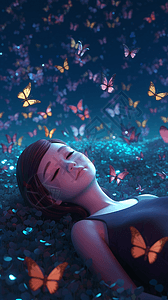 3D卡通女孩在蝴蝶中入睡图片