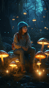 3D女孩坐在童话森林图片