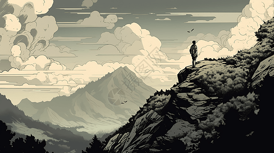 男孩站在山顶上插图图片