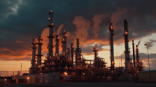 日落时的炼油厂渲染图图片