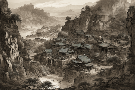 中国村庄的水墨画图片