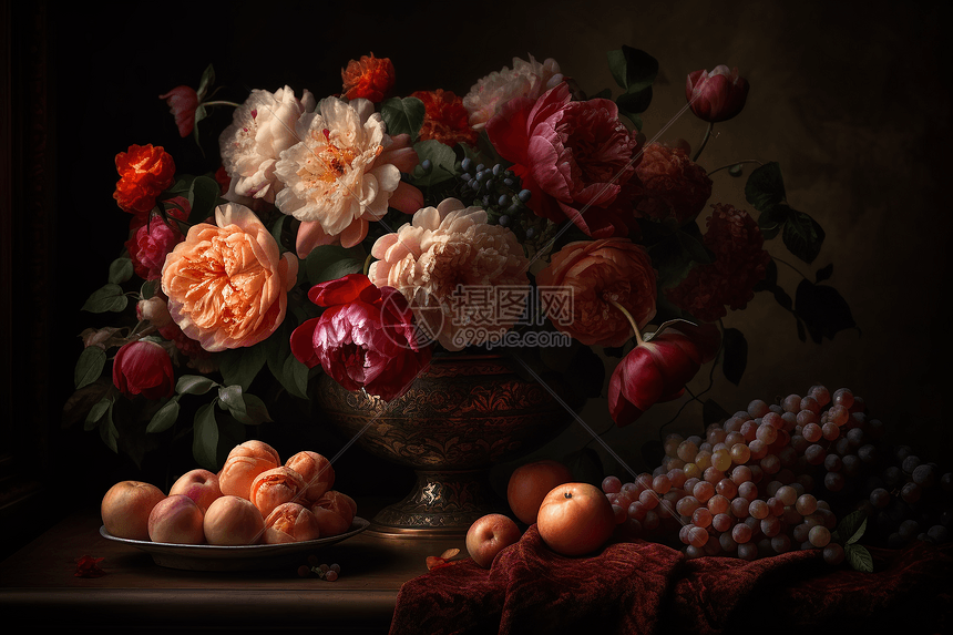 花瓶与水果的静物渲染图图片