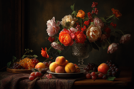 花瓶与水果的静物设计图图片