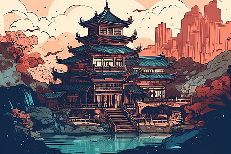 雄伟的中国宫殿平面插图图片