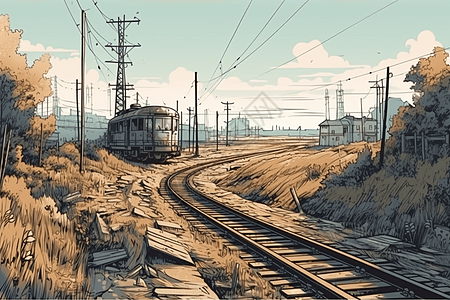 废弃的铁轨穿过后工业景观图片