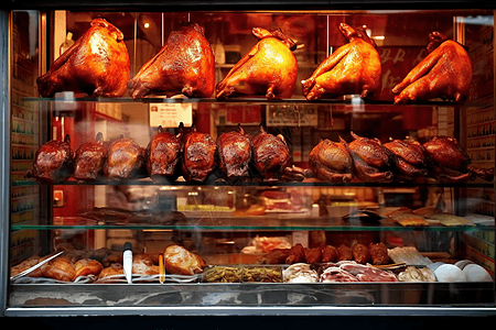 餐厅橱窗里挂着的烤鸭高清图片