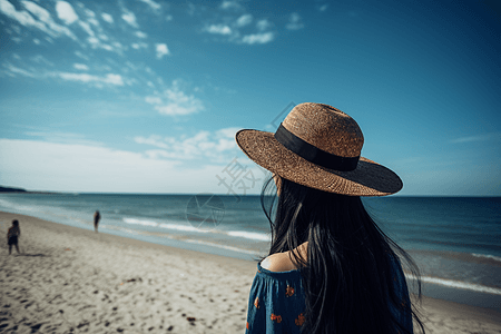 厦门海滩戴着帽子的女子背景